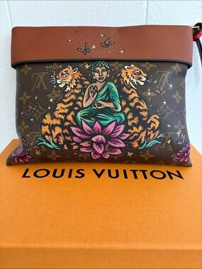 Louis Vuitton Brown Monogram PO Tuileries w/hand painted Buddha, Tigers & Lotus